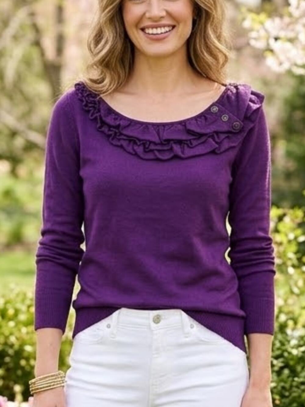 NEW YORK & COMPANY Purple Ruffle Trim Sweater, S